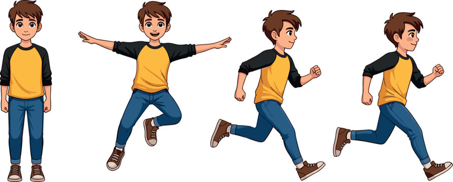 Cartoon boy character animation poses set, standing jumping running actions, cute kid illustration, flat colorful vector design isolated