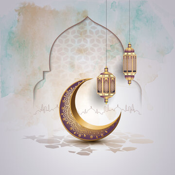 islamic greetings card design with crescent decoration and lanterns