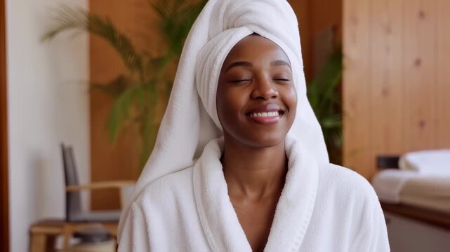 serene moment: a calming close-up of a woman in a bathrobe, radiating peace and tranquility in a beautifully appointed spa setting