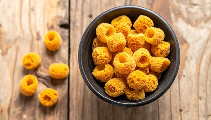 Bowl of Cheese Puffs on Wooden Tabletop.