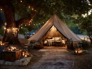 Cozy Canvas Tent with String Lights in Green Wooded Area