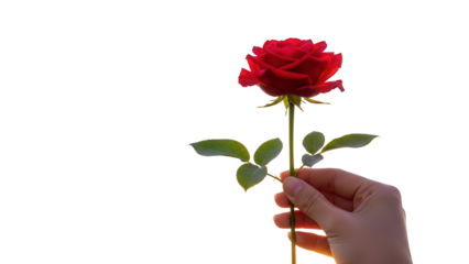 Person's hand gently holding a beautiful single red rose isolated PNG with Transparent Background