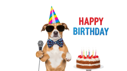 Funny Dog Wearing Party Hat, Sunglasses, Holding Microphone, with Birthday Cake and 'HAPPY BIRTHDAY' Text isolated PNG with Transparent Background