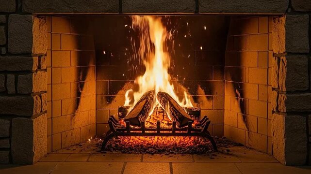 Cozy fireplace with burning logs creating a warm and inviting atmosphere indoors.