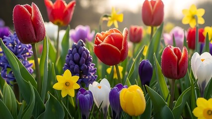 Close up of dew covered red tulips and purple hyacinths in spring flowers daffodils