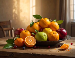 Still life of assorted fresh fruits in a bowl on a wooden table