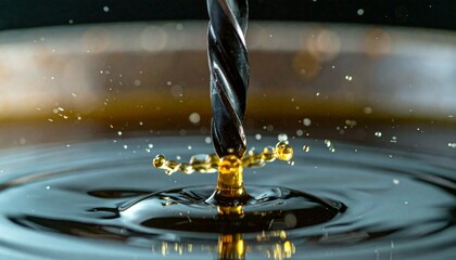 Drill bit splashing into a liquid with ripples and droplets.