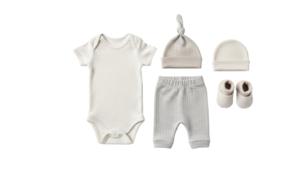 Neutral Newborn Baby Clothes Flat Lay Product Shot with Bodysuit, Pants, Hats, and Booties isolated PNG with Transparent Background
