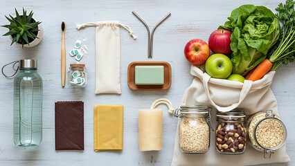 Reusable items and fresh produce arranged on light blue wooden surface reusable water bottle