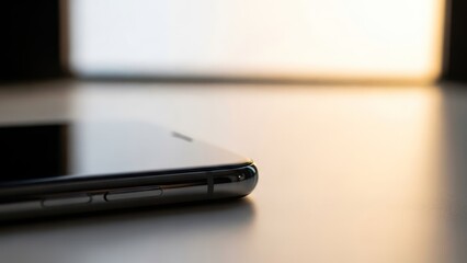 Smartphone detail on reflective surface with blurred background and copy space