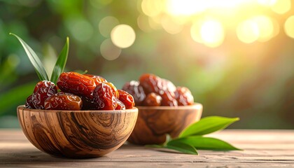 Delicious Dates in Wooden Bowls with Natural Greenery.