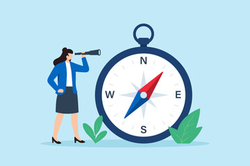 Flat illustration of businesswoman using telescope beside large compass symbolizing career direction strategic vision future planning and opportunity exploration © VZ_Art