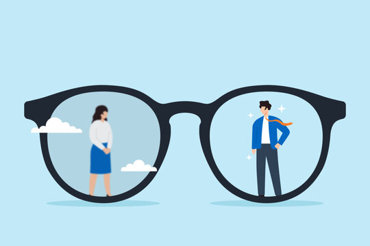 Flat illustration of eyeglasses with cloudy blurry vision on businesswoman and clear sharp vision on businessman symbolizing gender bias in workplace unequal visibility discrimination