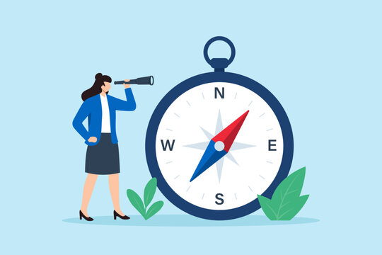Flat illustration of businesswoman using telescope beside large compass symbolizing career direction strategic vision future planning and opportunity exploration