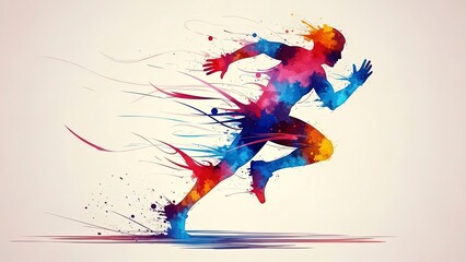 Man running with colorful paint splashes and motion lines around body