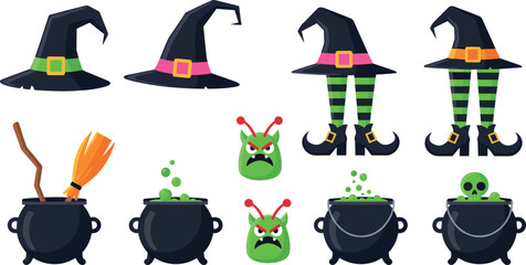 Halloween witch elements set with hats broom cauldrons monster faces and striped legs spooky cartoon vector illustration © Yeasin