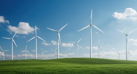 Fototapeta premium Wind turbines generating power on a green field under a clear blue sky