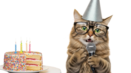 Funny Tabby Cat Wearing Party Hat and Glasses Holding Microphone Next to Birthday Cake isolated PNG with Transparent Background