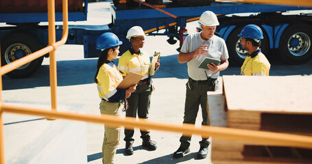 Logistics, team and tablet with people outdoor for inventory management, delivery planning or export. Shipping route schedule, distribution supervisor or collaboration with employees and tech