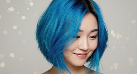 A woman with vibrant blue hair gazes downward with a subtle smile against a sparkling background