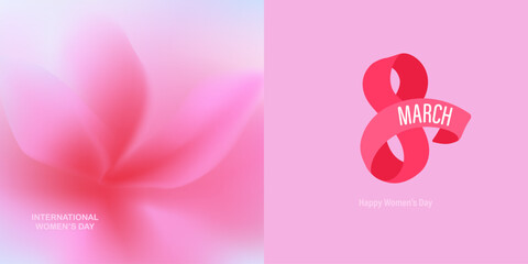 8 March square cards set. Spring ethereal gentle realistic flower. Blurred unfocused background with flower. Soft gradient. Delicate macro botanical, natural vector illustration. Number 8 design.