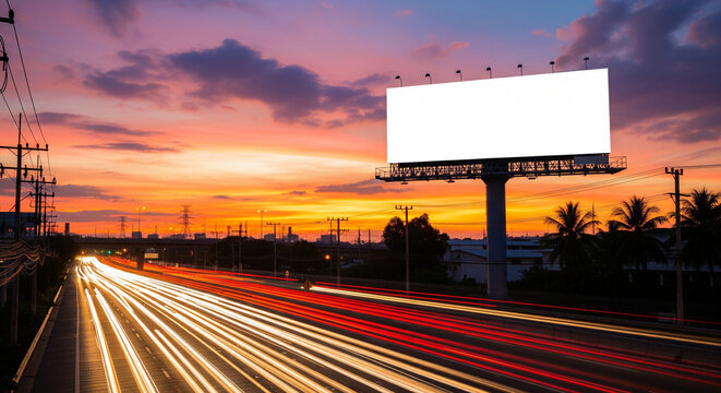 Blank billboard on highway at sunset with light trails from passing cars