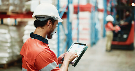 Shipping, tablet and chart with man in warehouse for inspection graph cargo storage or freight....