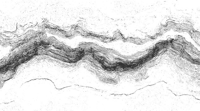 Dynamic monochrome of geological strata featuring flowing, wavy rock layers with fine linear textures and a sense of depth