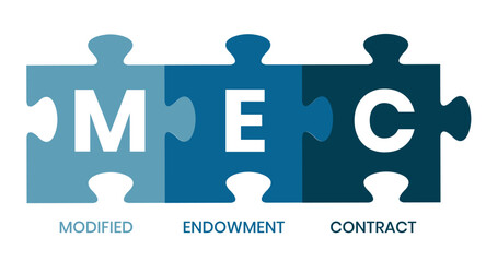 MEC, Modified Endowment Contract acronym. Concept with keyword and icons. lettering illustration with icons for web banner, flyer, landing page	