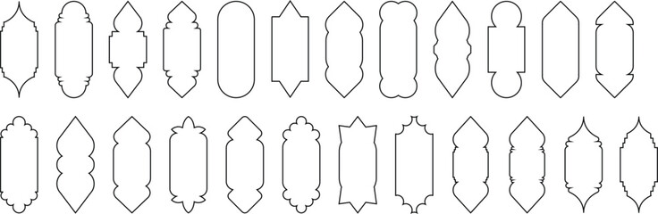 Islamic frames. Ramadan window or door frames, mosque arches, decorative arches, Moroccan gates, black silhouette illustration. Golden Islamic window shapes in oriental style. Islamic vector 
