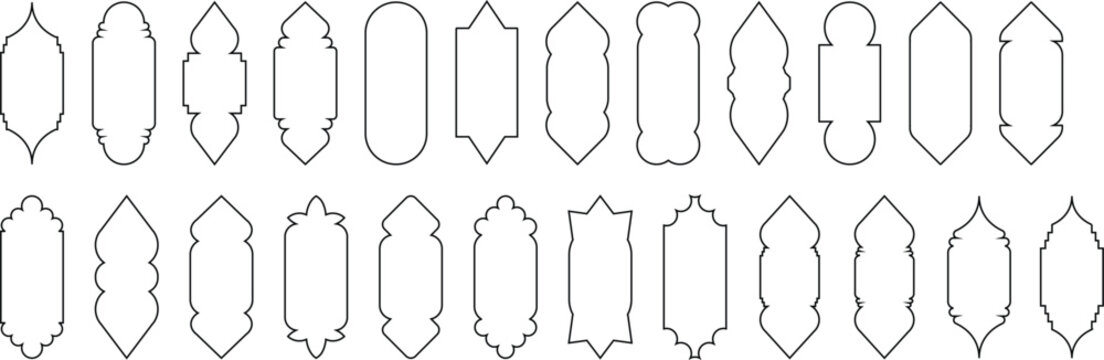 Islamic frames. Ramadan window or door frames, mosque arches, decorative arches, Moroccan gates, black silhouette illustration. Golden Islamic window shapes in oriental style. Islamic vector 