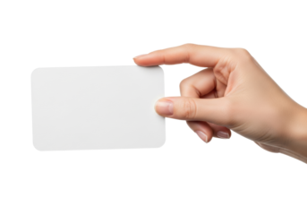 A well-groomed feminine hand with light skin and manicured nails delicately holding a blank white card, presented on a transparent studio background, commercial product presentation concept