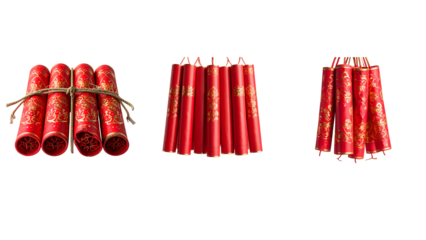  A traditional red firecracker bundle appearing to hang vertically by its fuse string