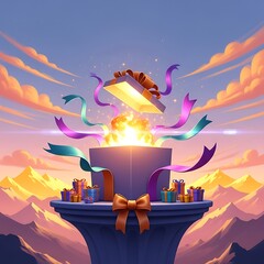 Discover the magic within! A vibrant gift box opens with an explosion of light and flowing ribbons, surrounded by presents on a mountain top. Perfect for celebration themes.