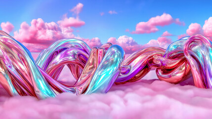Pink clouds and iridescent metal art against a blue sky. Suitable for designs seeking a dreamy, colorful, and artistic vibe.