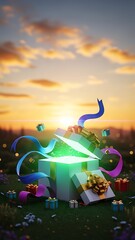 A magical gift box dramatically opens in a vibrant green field at sunset, surrounded by colorful ribbons and floating presents, emitting a dazzling green light. Perfect for celebrations.