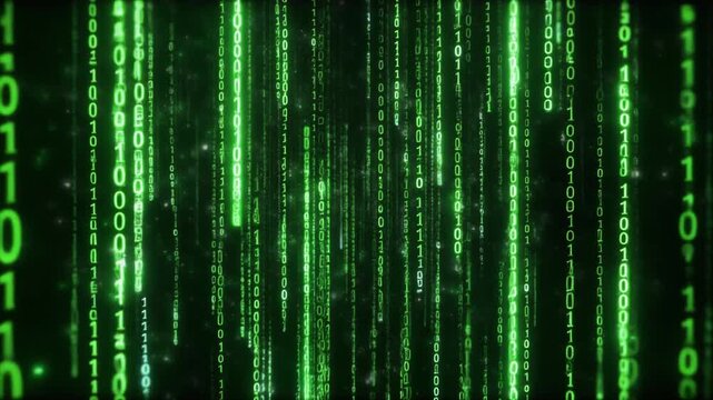 Green binary code raining down on a dark background, digital data stream concept.