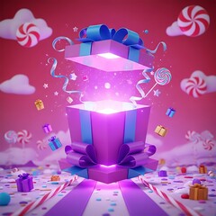 A vibrant, magical gift box bursting open with sparkling light, confetti, and floating presents in a whimsical candy land, surrounded by lollipops and sweet treats.