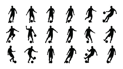 Silhouettes of people playing soccer in various dynamic action poses