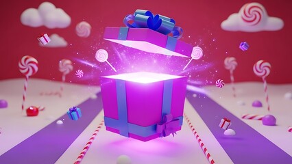 A magical 3D render of a glowing gift box erupting with light, surrounded by floating candies, small presents, and whimsical clouds. Perfect for holidays and celebrations.