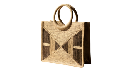 Stylish woven straw tote bag with geometric pattern and circular handles perfect for summer fashion and eco-friendly lifestyle