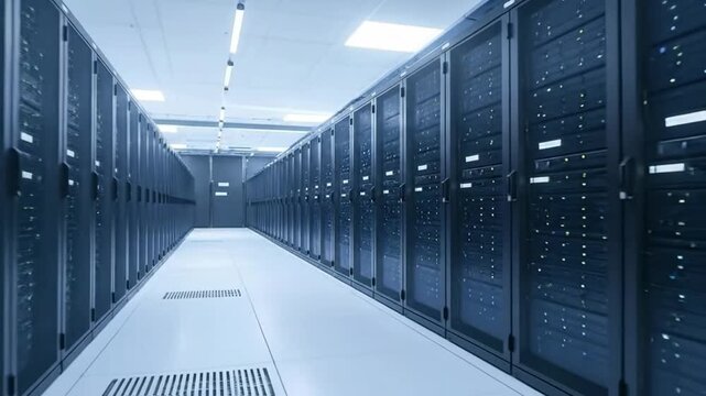 Data center server room with rows of computer equipment.