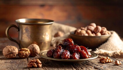 Dates, nuts, and a brass cup on a wooden table.