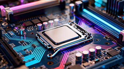 A close-up view of a modern computer motherboard with a CPU chip installed, featuring colorful LED lighting. - Powered by Adobe