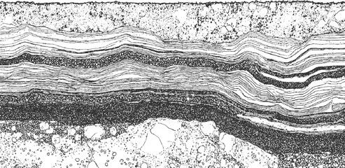 Detailed cross-section of geological strata showing layers of sediment and rock formations with distinct textures and variations in density and composition
