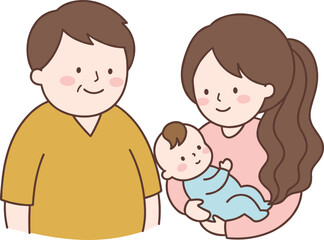 Happy parents with newborn baby illustration, loving family and childcare concept, mother father infant, cute cartoon vector design