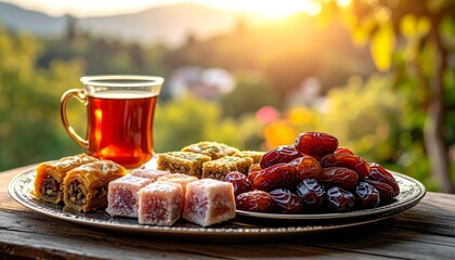 Ramadan treats - Dates, Turkish delight, baklava, and tea on a tray.