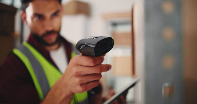 Hands, man and scanner with box in warehouse for barcode, audit stock and quality assurance. Male person, machine and package for supply chain, check pricing and inventory management for distribution
