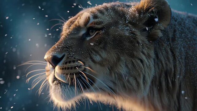 Furious Saber tooth tiger hunting in snowy night