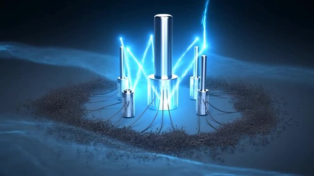 Electromagnetic Field Visualization &ndash; Glowing Blue Energy Lines and Lightning Around Metal Rods